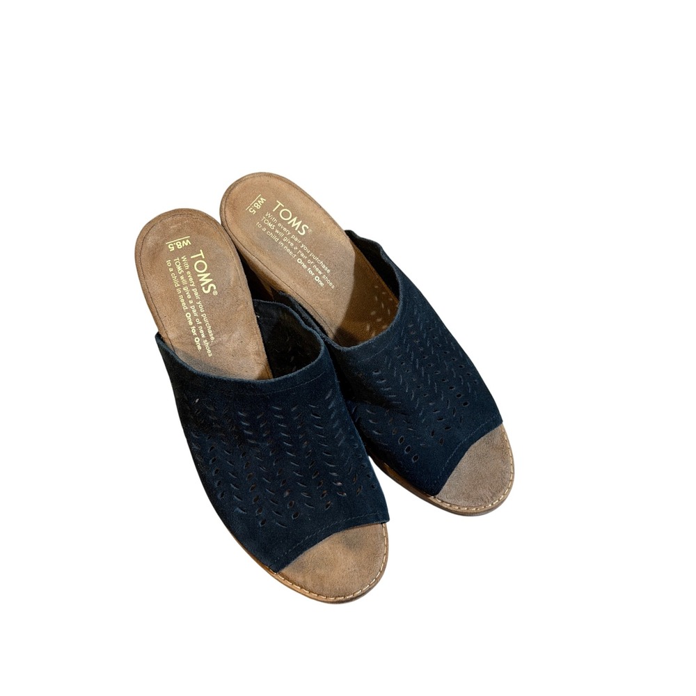 TOMS Perforated Suede Mules Black 8.5 Women Block Heel Open Toe Sandals
